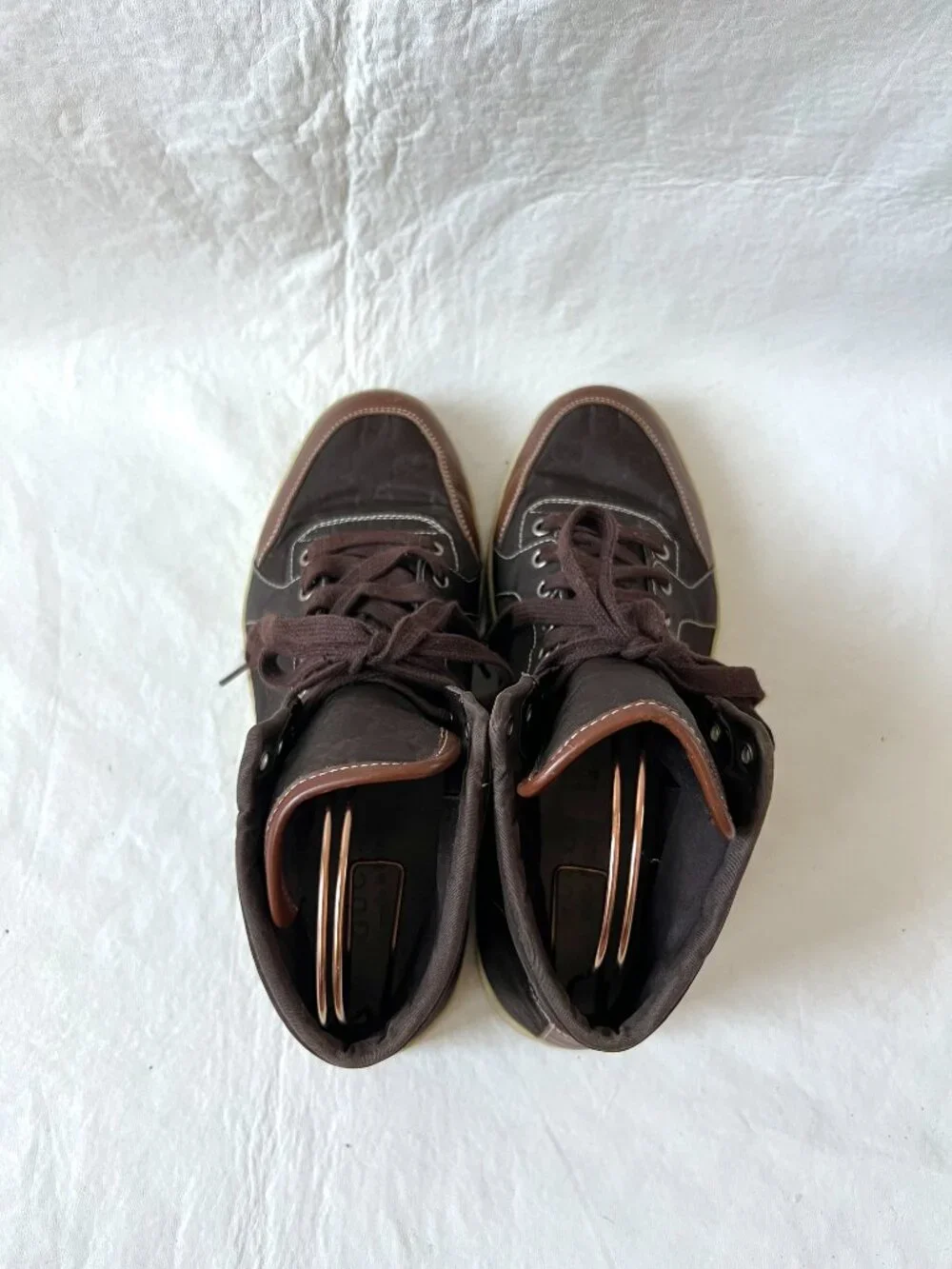 Gucci sneakers GG nylon brown leather 8.5 US 9 mens lace up high top shoes